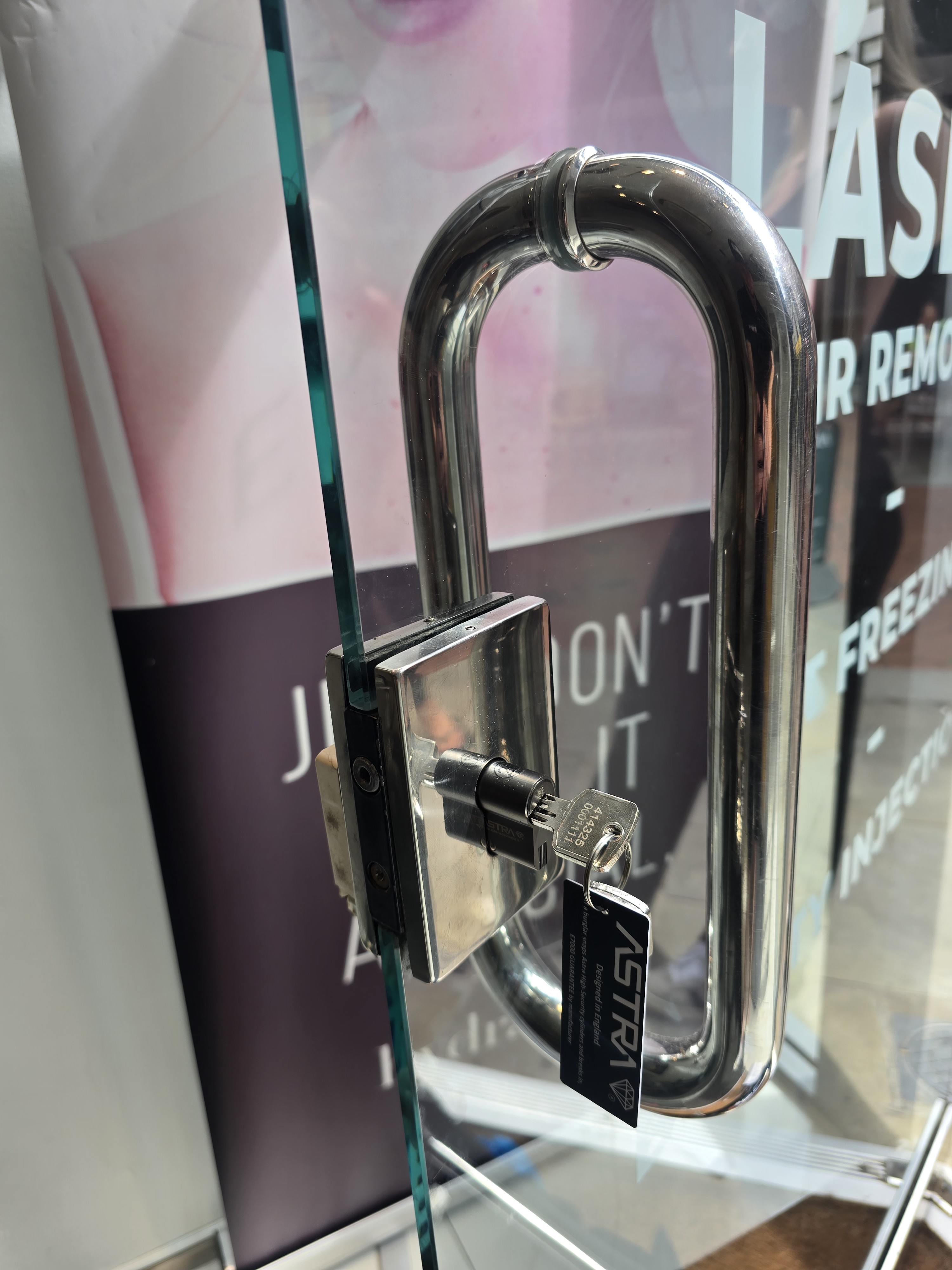 Salon glass door — Astra anti-snap cylinder upgrade
